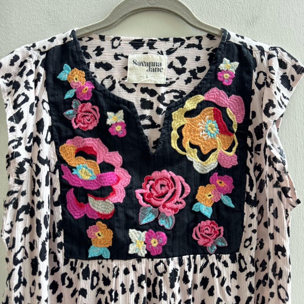 Savanna Jane Boho Leopard Floral Embroidered Flowy Blouse Large - Picture 2 of 7